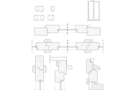 Technical architectural drawing showing construction details, cross-sections, joinery profiles, and elevation layouts of double wooden window frames and structural components.