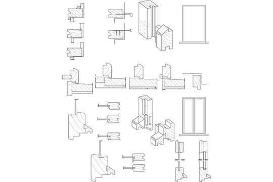 Technical CAD set of woodworking joinery details, featuring cross-sections, exploded views of mortise and tenon joints, and door framing assemblies.