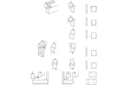 Technical architectural drawing showing construction details, isometric joinery, cross-sections, and schematic plans of wooden window frames and structural components.