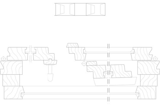 Technical architectural drawing showing construction details, cross-sections, and joinery profiles of wooden window frames and structural components.
