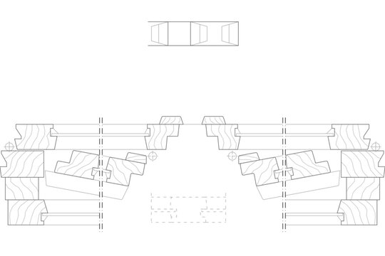 Technical CAD detail of a symmetrical timber roof connection showing angled rafters and horizontal beams joined with metal brackets and bolts.