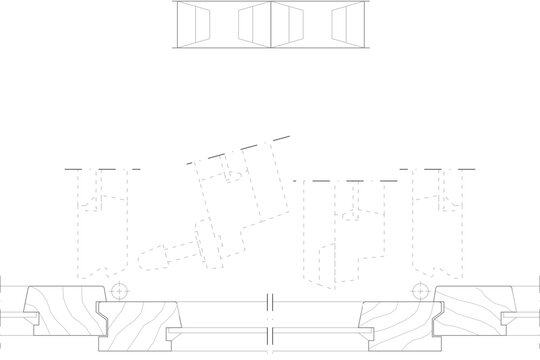 Technical architectural drawing showing construction details, cross-sections, and joinery profiles of wooden window frames and structural components.