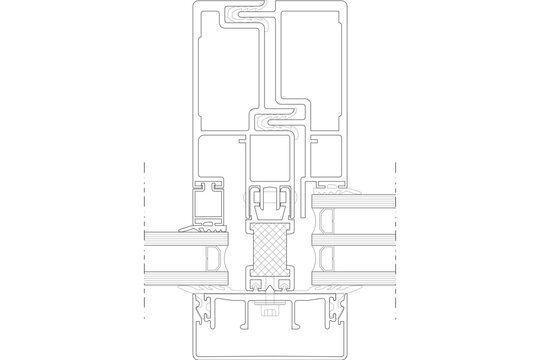 Technical architectural drawing showing a cross-section detail of a double glazing aluminum window or curtain wall framing profile with multiple chambers, thermal breaks, and seals.