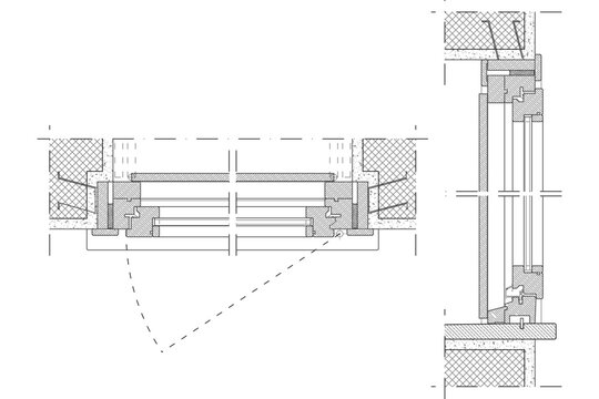 Technical architectural drawing showing cross-section details, floor plan, and elevation layout of an exterior window installation with multi-layered frame profiles and glass glazing.