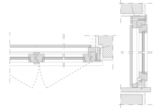 Technical CAD detail of a top-hung sliding door track system, showing longitudinal and cross-sectional views of the rail, rollers, and mounting hardware.