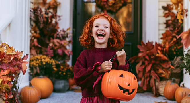 Laughing girl with an orange pumpkin basket amid autumn decorations. Redheaded child in a burgundy sweater at a Halloween porch display. Holiday celebration. Trick-or-treating tradition. Childhood exc