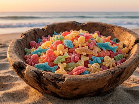 Colorful Gummy Fish and Octopus Candies in a Wooden Bowl on a Sandy Beach