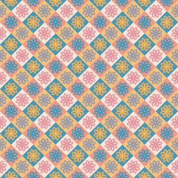 Retro floral seamless pattern with colorful diamond checkerboard