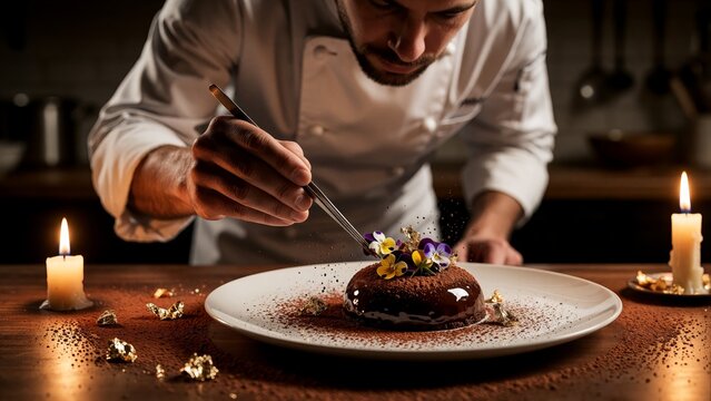 Professional Chef Carefully Plating a Gourmet Chocolate Dessert with Edible Flowers and Gold Leaf