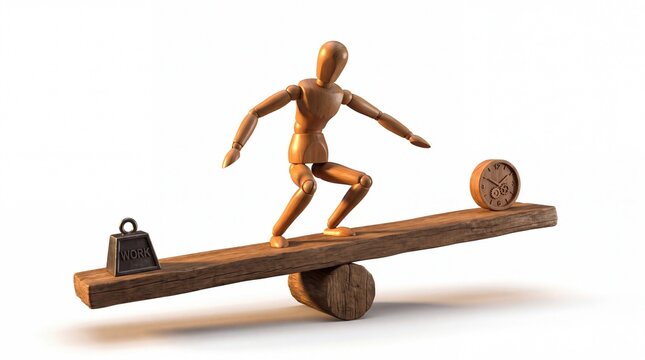 Abstract business metaphor with wooden dummy navigating maze balance and work pressure challenge.