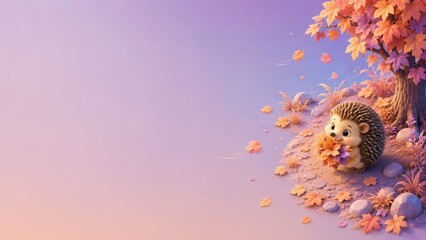 Fototapeta premium Adorable cartoon hedgehog nestled under a maple tree holding autumn leaves amid a gentle pastel sky, surrounded by falling foliage and smooth stones in a cozy fall scene