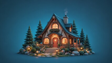Fototapeta premium Cozy illuminated woodland cottage at twilight with warm glowing windows, stone pathway, lanterns, smoke from chimney, surrounded by pine trees, rocks and lush garden
