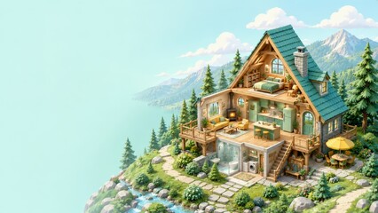 Fototapeta premium Cozy wooden alpine chalet perched on a rocky lakeside cliff overlooking a tranquil mountain lake, featuring balconies, glass-fronted rooms, terraces, a garden path and pine trees