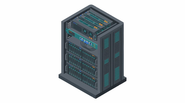 Modern server rack with glowing blue lights and hardware components.
