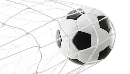 Fototapeta premium A classic black and white soccer ball hitting the back of the net during a high-speed professional goal scoring moment in a stadium match