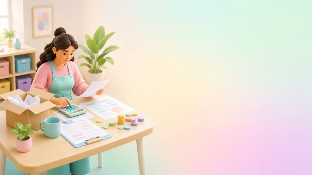 Female small business owner in a cozy home studio reviewing order invoices and calculating finances at a tidy desk surrounded by craft supplies, paints, packaging and plants