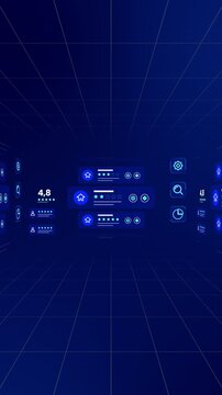 Wide perspective virtual environment showing floating blue accommodation rating cards and star reviews.