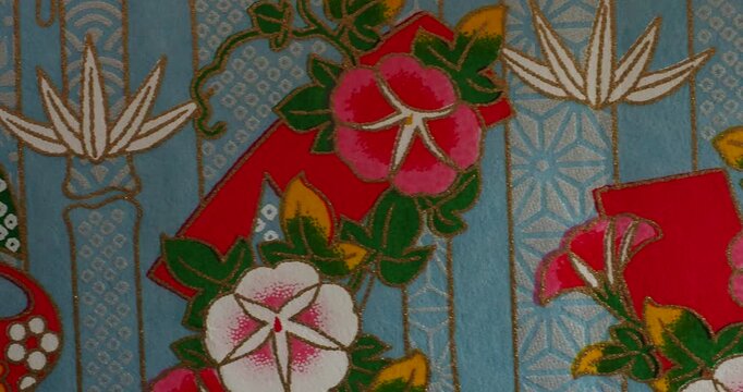 Traditional Japanese Morning Glory Pattern with Horizontal Movement - stylized morning glory flowers and leaves in vivid pink, yellow and green tones, shown with smooth horizontal movement.
