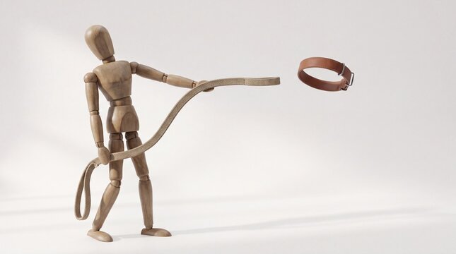 Abstract business metaphor with wooden dummy navigating maze balance and work pressure challenge.