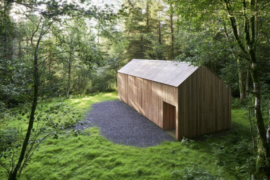 Minimalist wooden cabin nestled in lush forest surrounded by wild bluebells in spring bloom