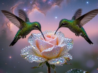 Naklejka premium Two Green Hummingbirds Hovering Around a Dewy Rose Against a Cosmic Nebula Sky