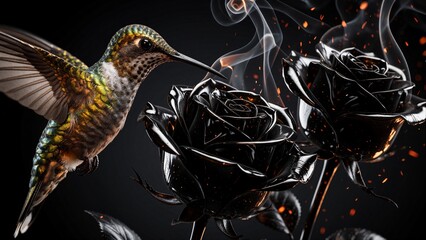 Naklejka premium Cinematic Hummingbird Hovering Near Glossy Black Roses with Floating Embers on Dark Background