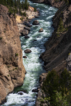 View of scenic cliff and canyon off the Grand Loop road with the Yellowstone River at the bottom, Yellowstone National Park, summer vacation destination for outdoor nature recreation
