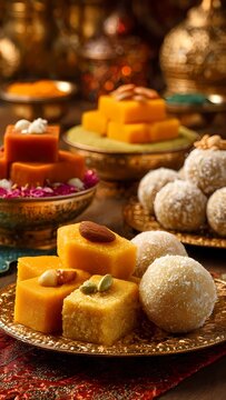 Traditional Indian Sweets for Deepavali Festival - Barfi, Laddu and Mithai