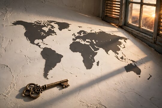 Vintage key beside world map shadow on wall illuminated by sunlight