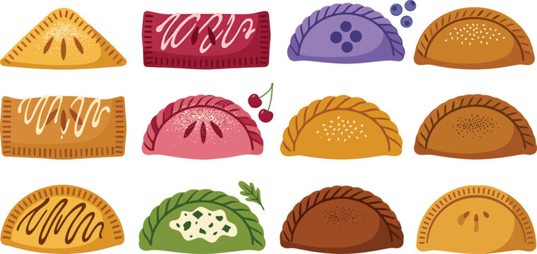 Colorful vector hand pies and empanadas set featuring sweet fruit pastries and savory baked goods