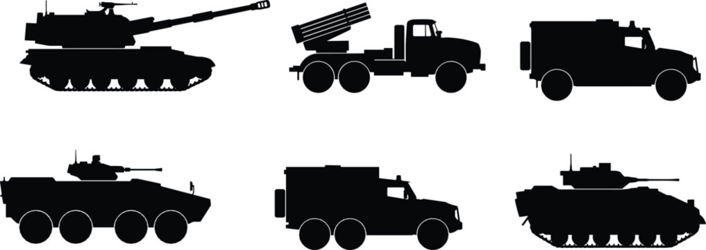Set of military vehicle silhouettes vector illustrations featuring tanks, armored transports, and rocket launchers