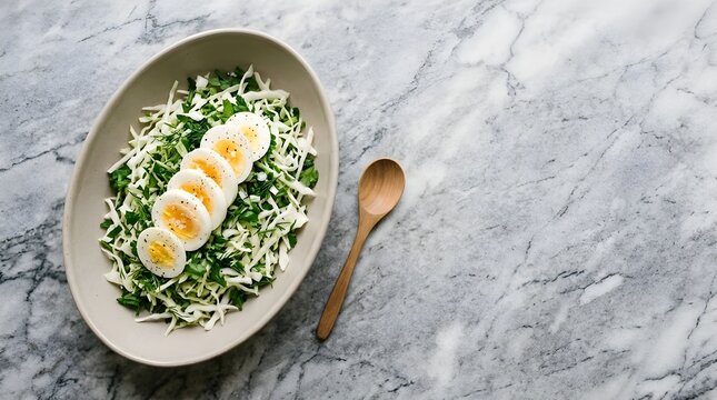 Fresh cabbage salad with sliced boiled eggs in a bowl on marble surface with wooden spoon.