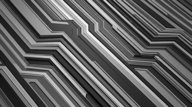 A modern high-tech 3D background featuring angled metallic plates and dark silver diagonal circuit-like grooves. Ideal for industrial design concepts, cybersecurity presentations, dark tech themes, mo