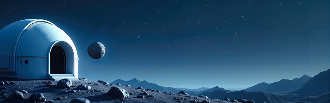 White domed observatory on a dark cratered landscape with a floating asteroid. Deep indigo starry night sky and rugged mountains. Sci-fi astronomy research base