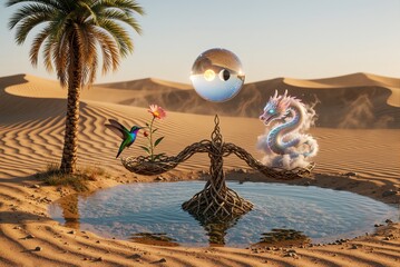 Naklejka premium Surreal Fantasy Landscape with Floating Orb and Mythical Dragon in a Desert Oasis