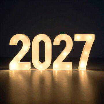 2027 number light 2027 number illuminated number glowing number New Year celebration with warm illuminated numbers on dark reflective surface, creating festive and hopeful evening atmosphere