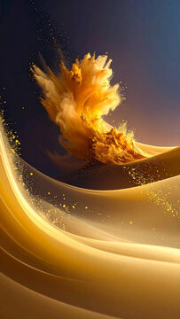 Golden abstract liquid wave with explosive splash and glowing particle spray creating dynamic fluid composition against dark background