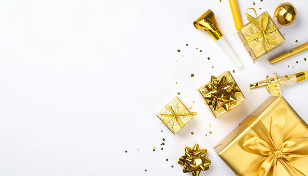 Golden gift box, present, ribbon, ornament, and confetti arranged for festive New Year celebration with copy space and elegant holiday styling