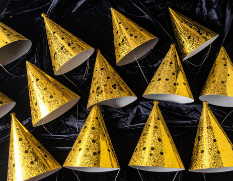 Gold party hat celebration party decoration festive black background, arranged golden party hats create cheerful celebration scene with glittering texture and playful holiday atmosphere for event