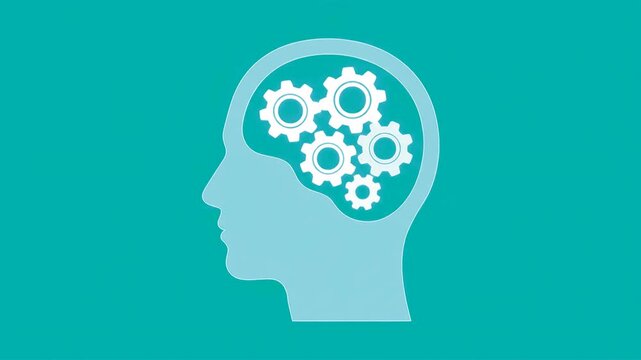 A clean 2D graphic of a human head silhouette in profile featuring a cluster of interlocking mechanical gears inside the brain cavity, set against a teal background. Perfect for artificial intelligenc
