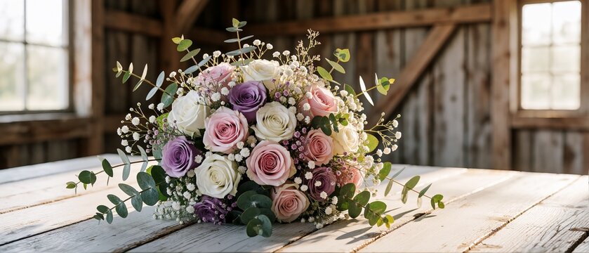 Elegant Bridal Bouquet of Pastel Roses and Babys Breath on Rustic Wooden Table