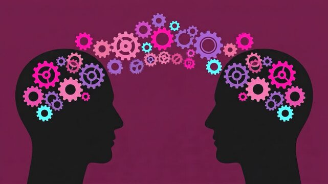 A conceptual graphic illustration of two human profile silhouettes connected by a network of colorful rotating gears overhead, set against a deep burgundy red background. Great for human resource conc