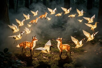 Obraz premium Glowing Origami Cranes and Foxes Floating in a Mystical Foggy Forest at Night