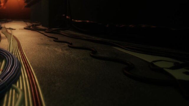 Several cables and wires lie on the floor in a dimly lit area. The scene shows a preparation for an event. The environment appears busy with equipment around.