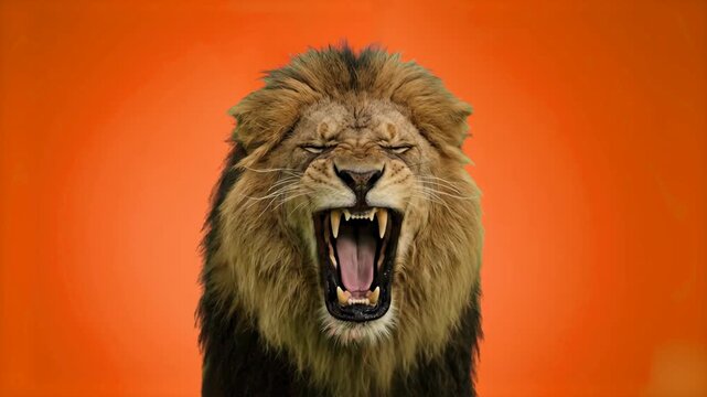 A powerful male lion roaring fiercely with mane flared against a warm orange backdrop. Great for motivational videos, gaming team intros, brand logos, energy drinks marketing, and wildlife media.