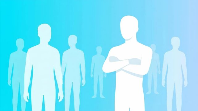 A stylized 2D graphic animation featuring a white male silhouette standing with arms crossed in front of a blue background with crowd figures. Suitable for business leadership presentations, team conc