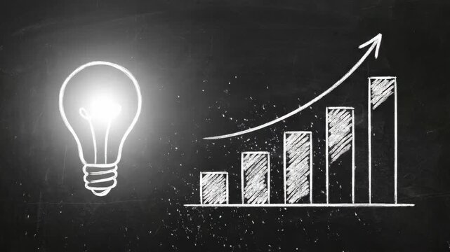 A glowing drawn lightbulb paired with an ascending financial bar chart and upward trend arrow on a dark chalkboard background. Ideal for business strategy, startup ideas, financial growth, education, 
