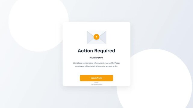 Action Required Profile Update Notification UI Animation with Mail Envelope Icon for Account Security Verification