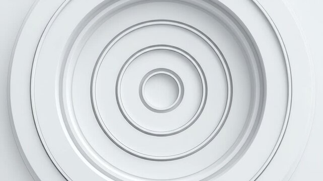 A clean, minimal 3D background showcasing smooth white concentric rings radiating outward like liquid ripples or a modern acoustic wave pattern. Great for architectural design visuals, minimalist tech