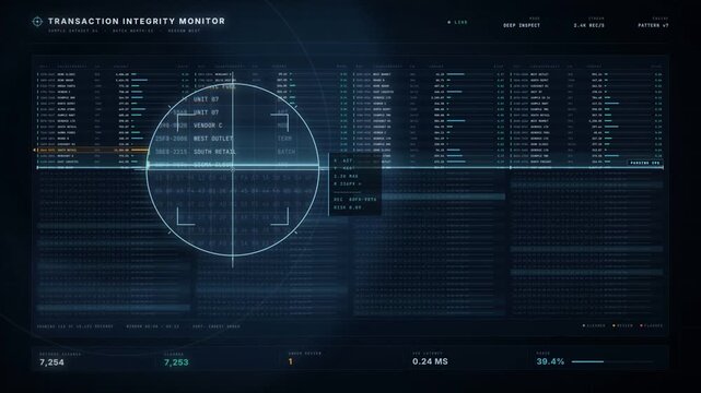 Transaction fraud detection dashboard with magnifier lens scanning data and anomaly alert